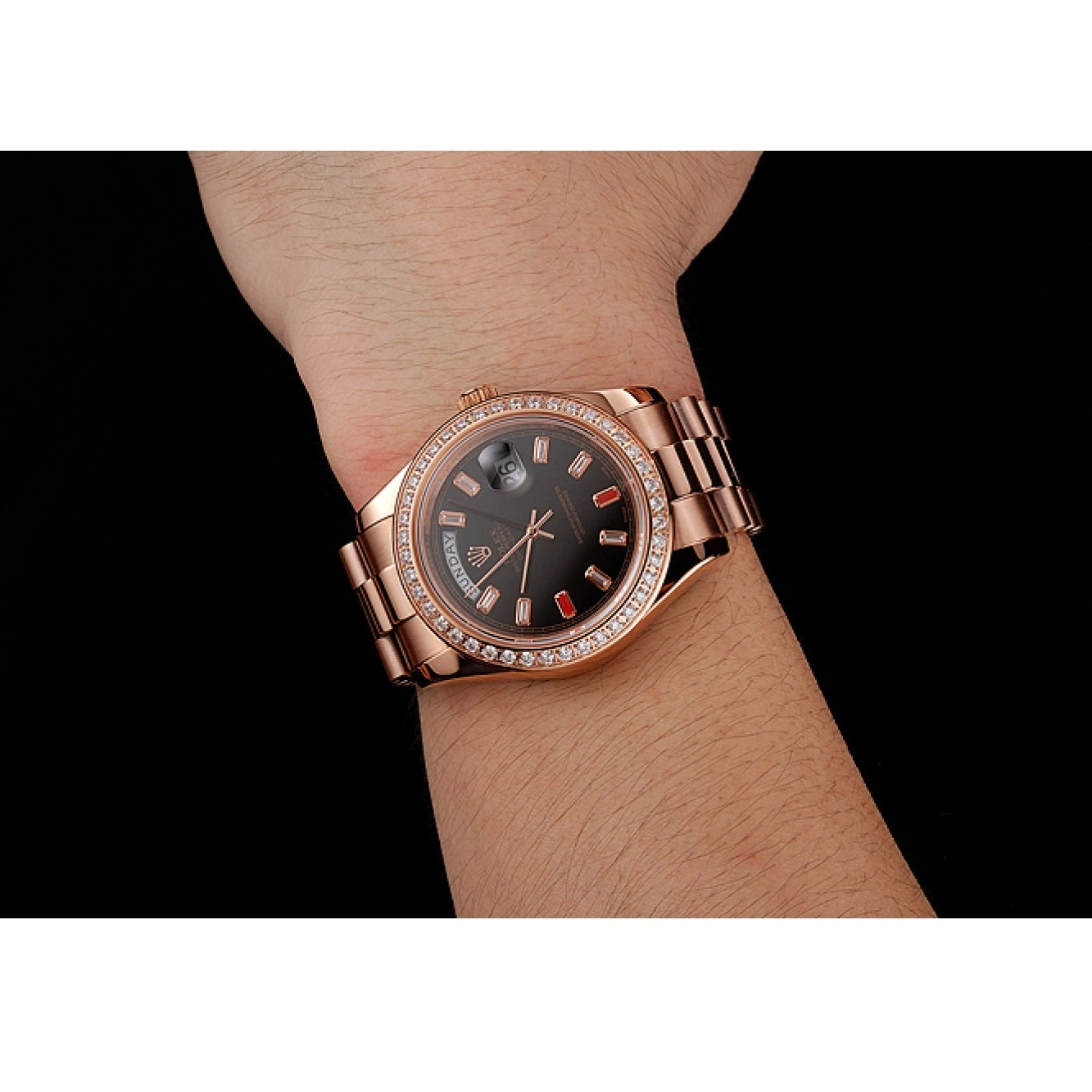 Best AAA Replica Sites Rolex Dial Rose Diamonds Bracelet Gold Day-Date Rubies Black And 1454102 Swiss 0805